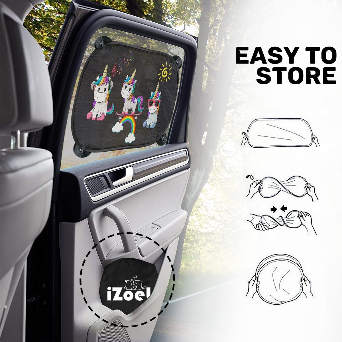 iZoeL Baby Sun Shade with UV Protection, Pack of 2 Sun Visors for Children with 8 Suction Cups, Shade Car Window Side Window Motif Animals (Unicorn)