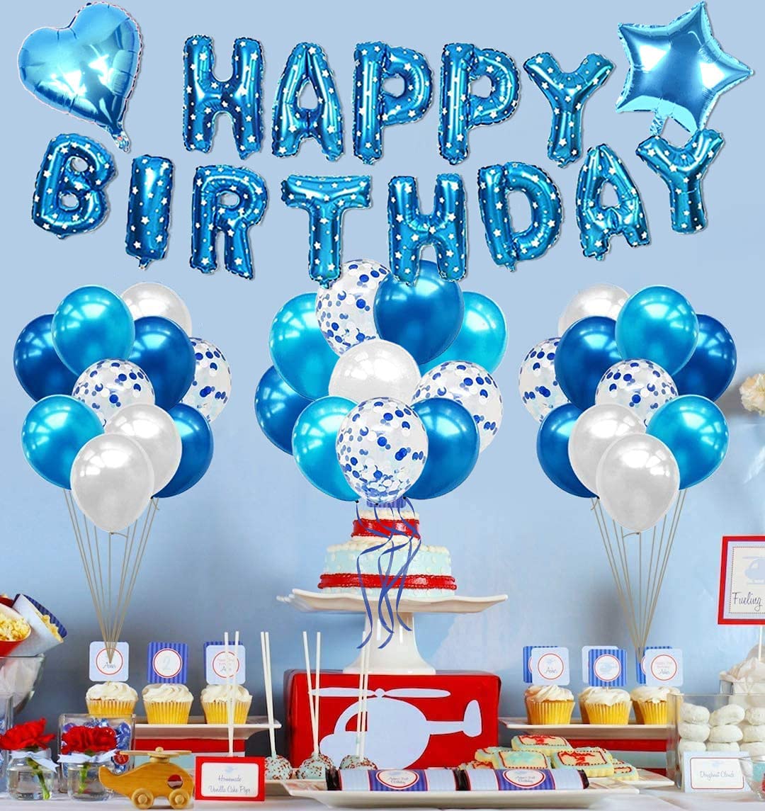 iZoeL Blue Birthday Party Decoration Boys, Blue Happy Birthday Banner Confetti Balloon Heart Star Balloon plus 10g Birthday Table Confetti for Baby Shower Kid Girl Man Birthday Supplies