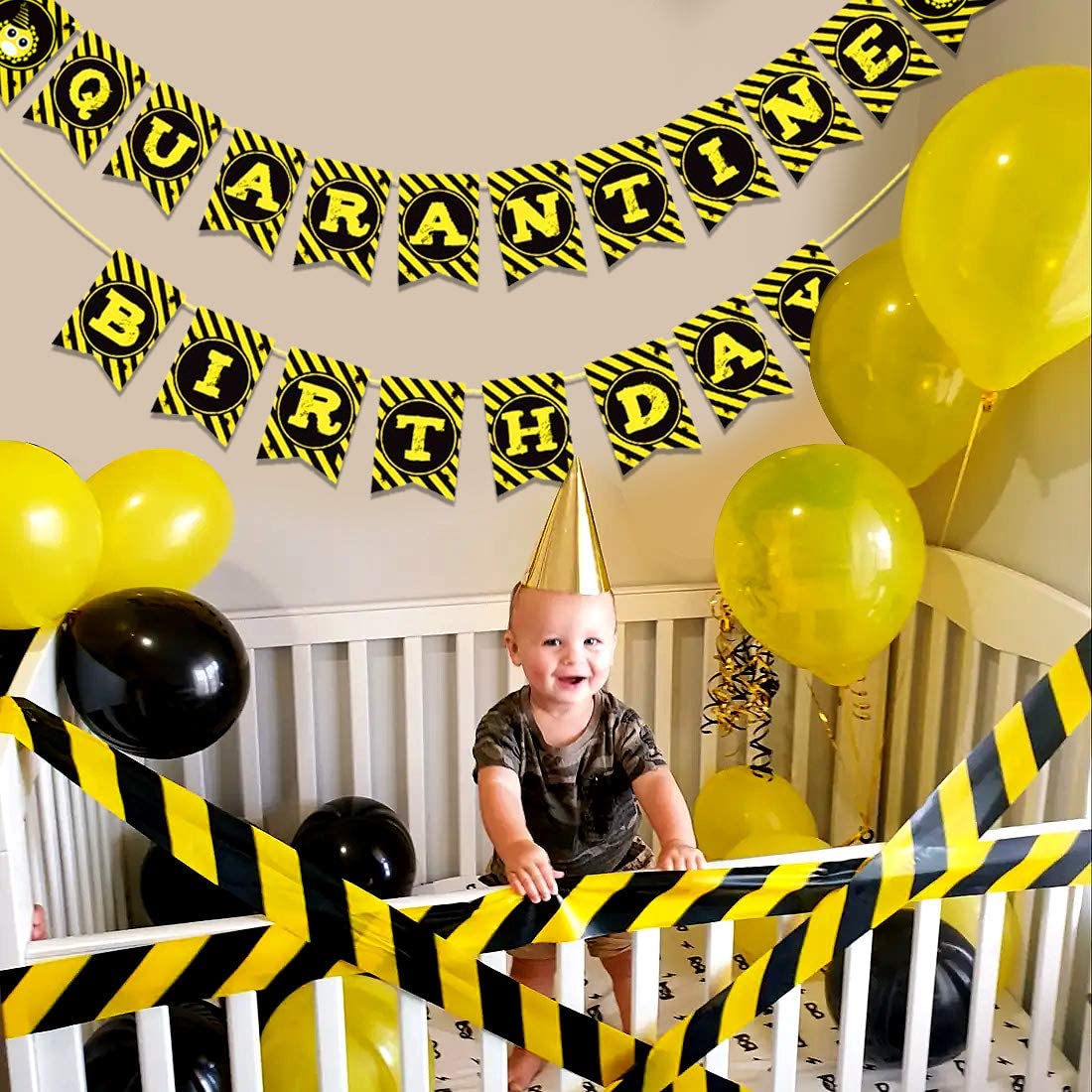 iZoeL Lockdown Birthday Party Decoration Quarantine Birthday Banner Bunting Garlands Latex Yellow Black Balloons and Ribbons for Kids Women Man Home Hospital Lockdown