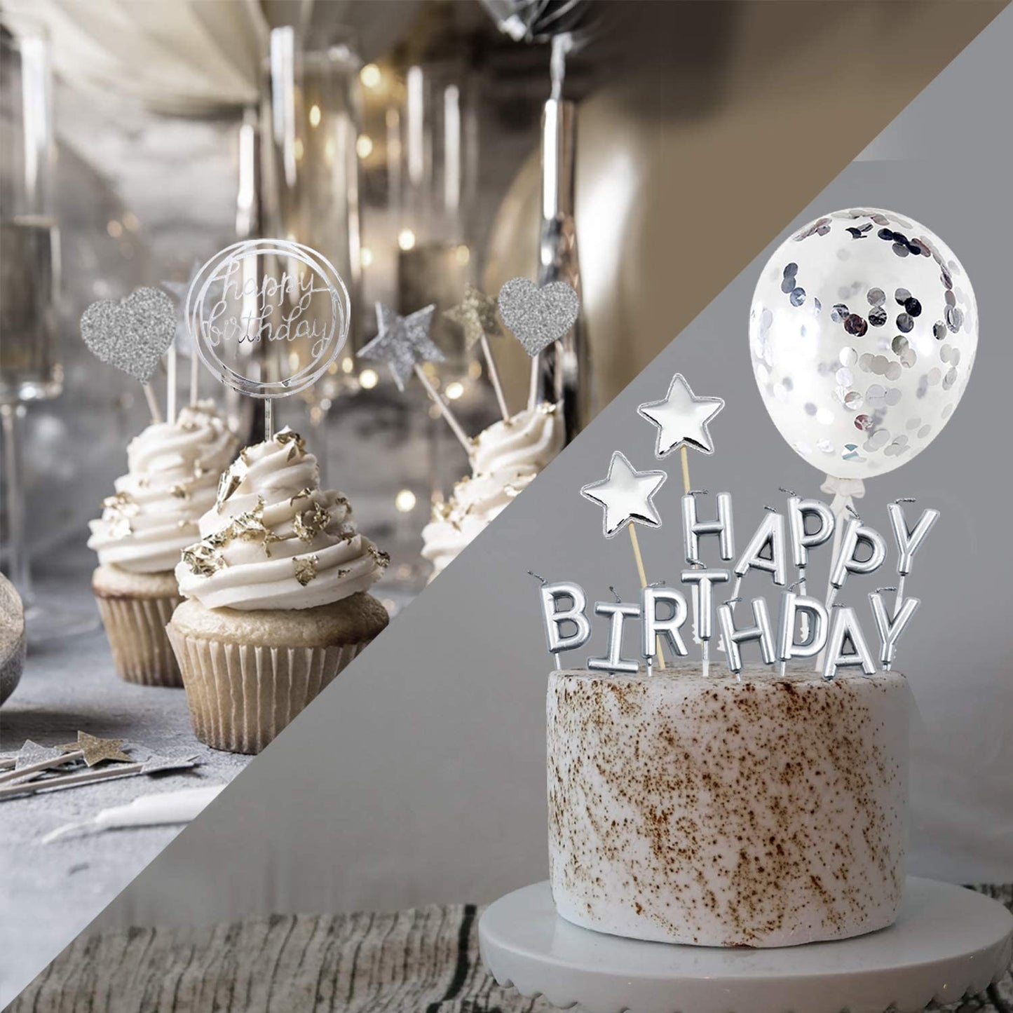 iZoeL Silver Cake Decoration Happy Birthday Cake Topper Birthday Candles Confetti Balloon Stars For Silver Theme Party Decor Girl Kid Women Man Birthday Party Anniversary