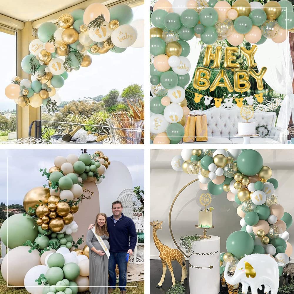 iZoeL Sage Green Baby Shower Decorations Boy Girl Gold Apricot Baby Shower Decoration Neutral Balloon Arch Kit, Hey Baby Banner Mummy to Be Sash Elephant Balloons Surprise Gender Reveal