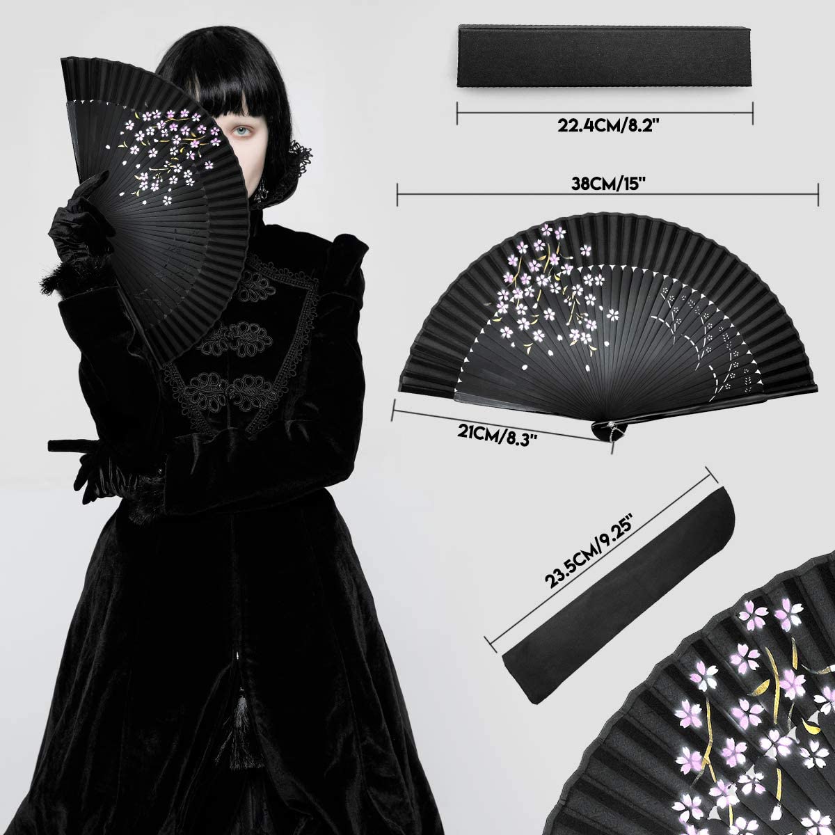 iZoeL Hand Bamboo Fan Handheld Folding Portable Fans, Black Fabric Cherry Fan with High-end Gift Bag, Hand Held Pocket Chinese Fan Idea Wedding Birthday Gift for Man Women