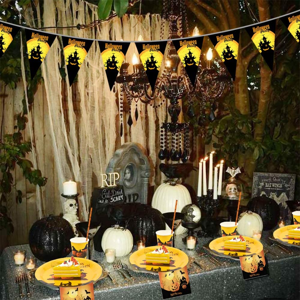 iZoeL Halloween Tableware for 20Guests Pumpkin Witches Banner Paper Plates Napkins Cups Straws - Disposable Dinnerware for Halloween Party Decorations Supplies