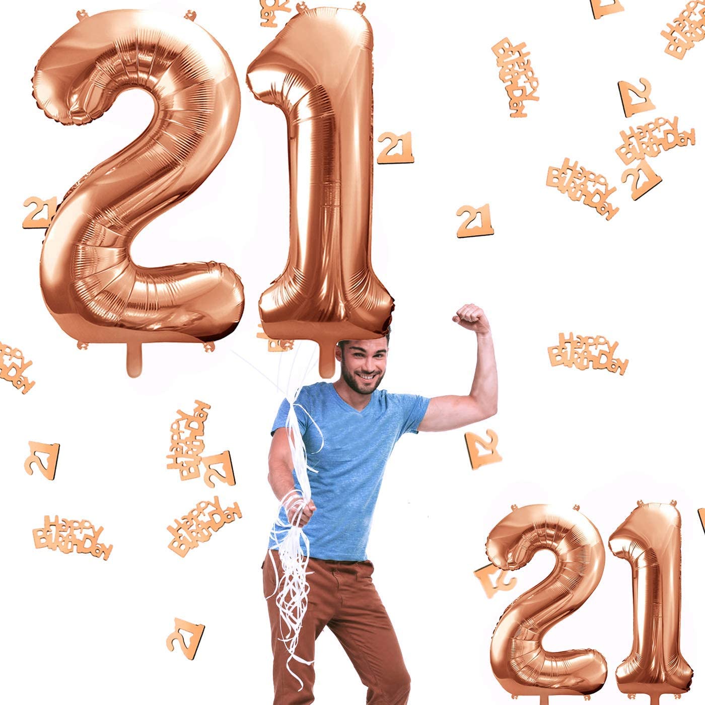 iZoeL Balloon 18/21/30/40/50/80 helium incl.4pcs XXL and Small Rose Gold balloon, 30g 21 Number Confetti,20g Happy Birthday Table Confetti, Birthday Anniversary Party Decoration(Rose Gold 21)