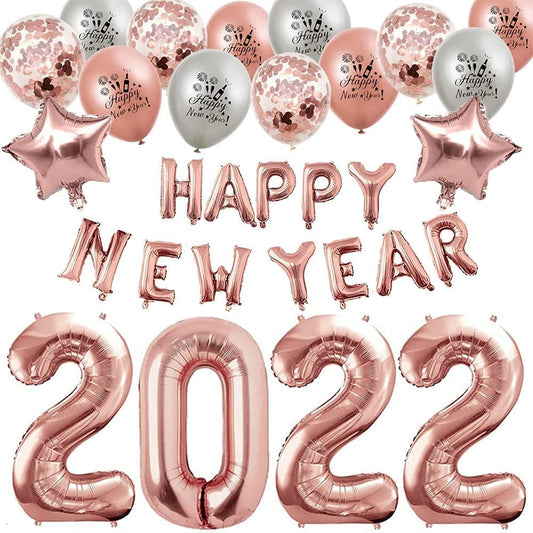 iZoeL XXL New Years Eve Party Decorations 2022, XXL Rose Gold Happy New Year Decorations, Happy New Year Banner, XXL 2022 Balloons, Latex Confetti Star Balloons - New Years Balloons