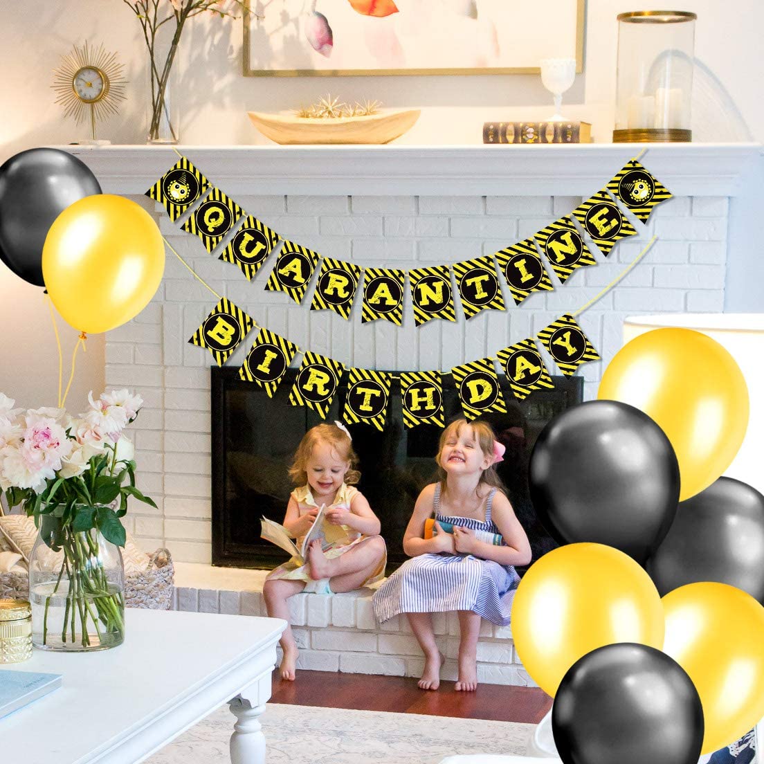 iZoeL Lockdown Birthday Party Decoration Quarantine Birthday Banner Bunting Garlands Latex Yellow Black Balloons and Ribbons for Kids Women Man Home Hospital Lockdown