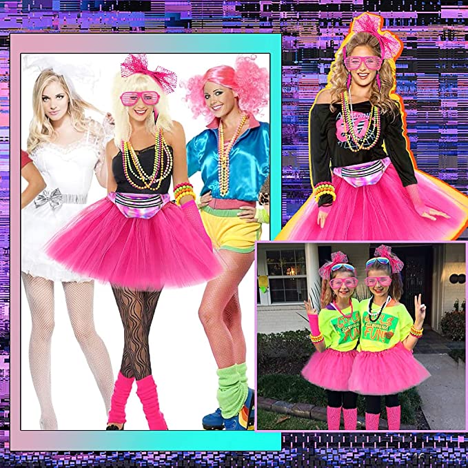 iZoeL 80s Fancy Dress for Women Halloween Costumes for Girls 80s Accessories 80s Costume80s Outfits - Waist Packs Tutu Skirt 4 Layers, Headband Leg Warmers Necklace Bracelets Rose Red