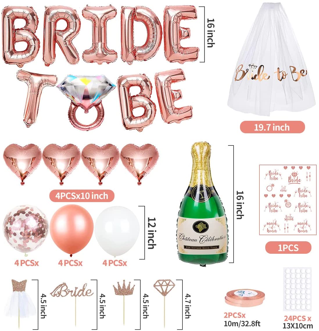 iZoeL Hen Party Decoration, Hen Party Accessories, Rose Gold Bride To Be Banner, Bride To Be Veil, Champagne Balloon, Tattoos for Team Bride, Bride Cake Topper, Confetti Balloons for Hen Do Wedding