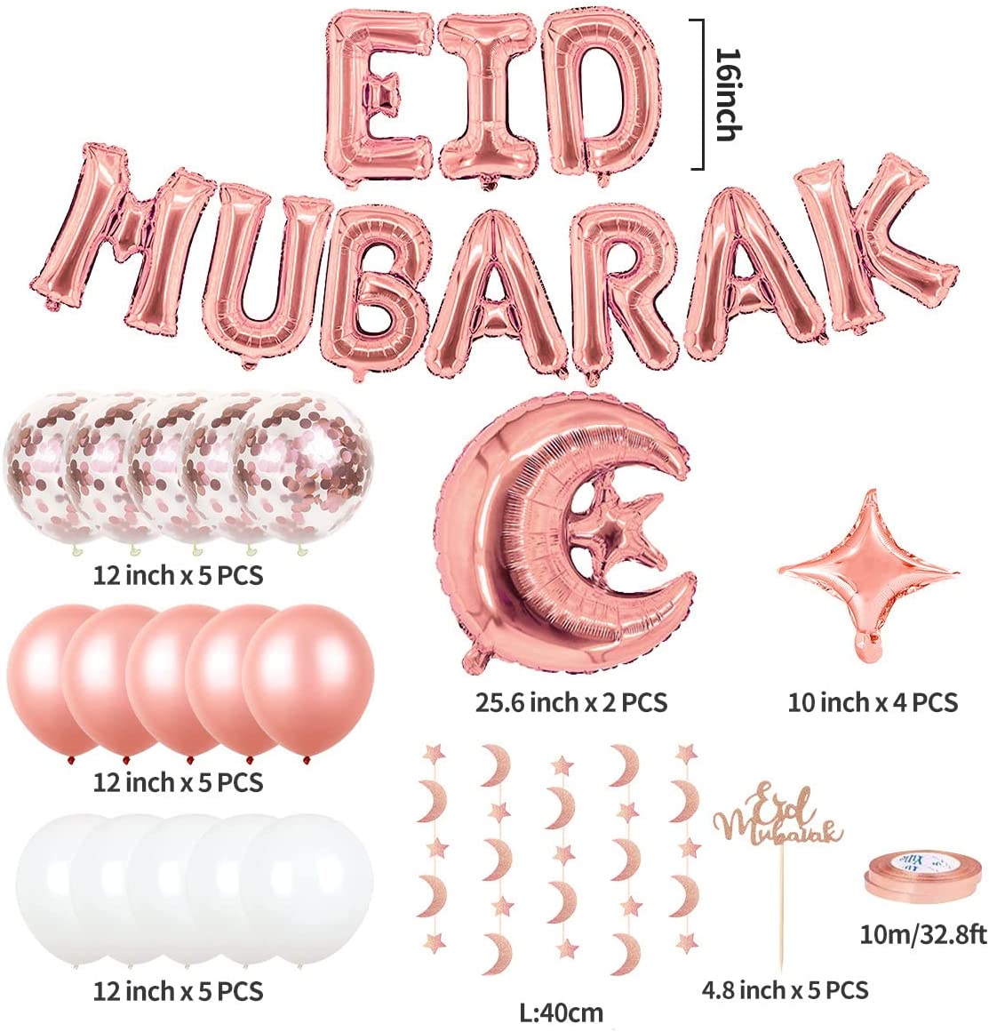 iZoeL EID Mubarak Decorations for Home Eid Decorations UK, Eid Mubarak Balloons Mubarak Banner Eid Cake Topper Moon Star Garland Eid Balloons for Home Restaurant Garden - Rose Gold