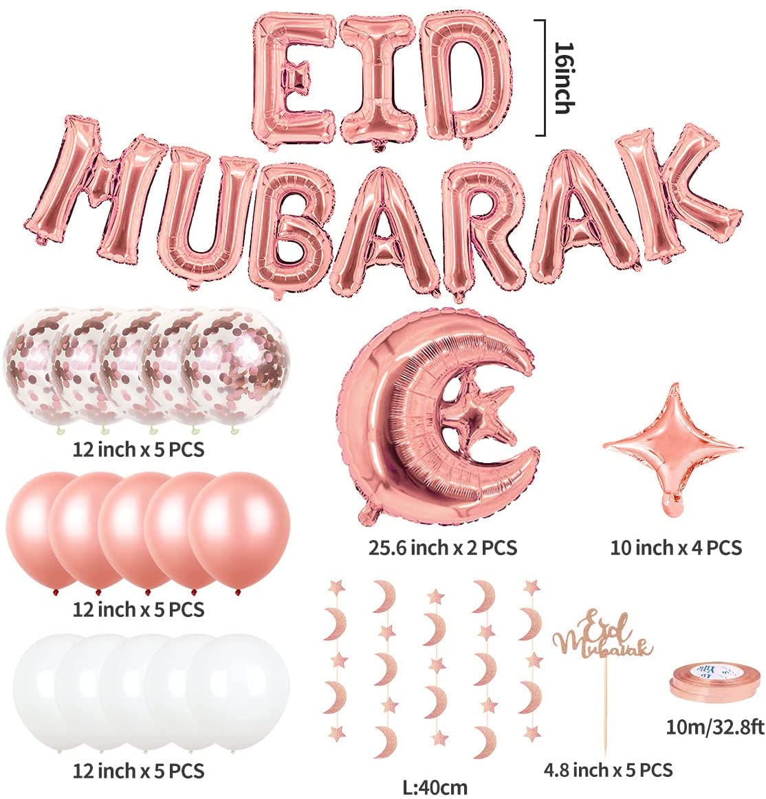 iZoeL EID Mubarak Decorations for Home Eid Decorations UK, Eid Mubarak Balloons Mubarak Banner Eid Cake Topper Moon Star Garland Eid Balloons for Home Restaurant Garden - Rose Gold