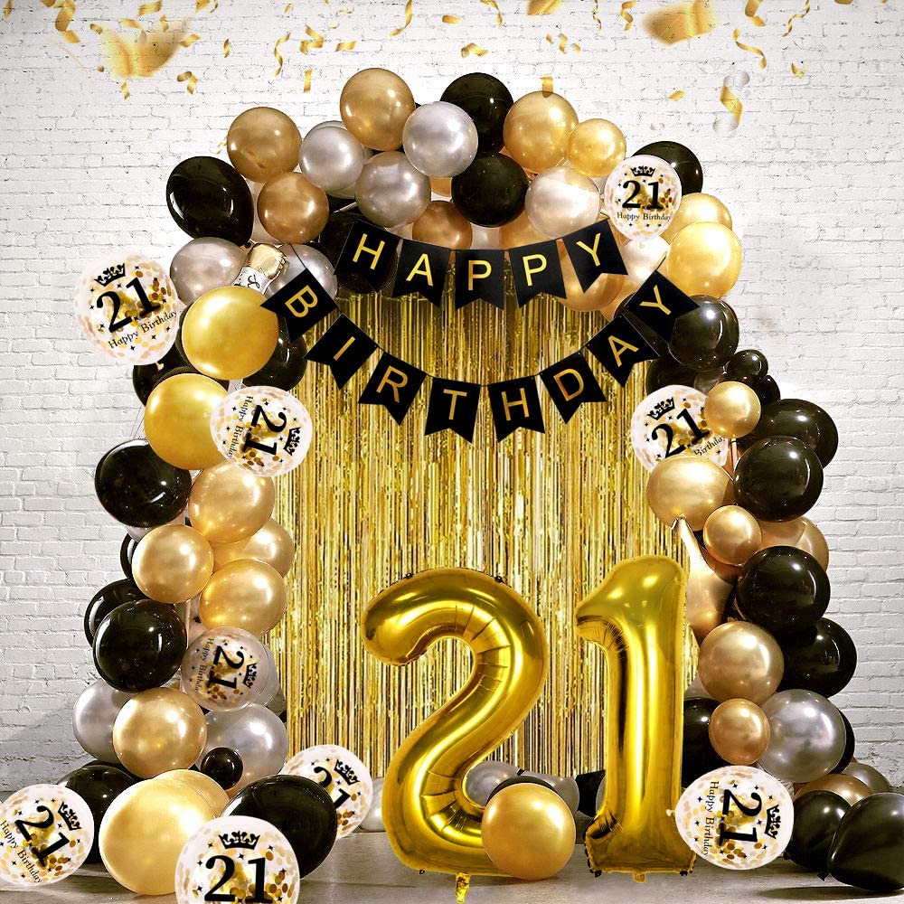 iZoeL 21st Black Gold Birthday Party Decoration, Happy Birthday Banner, Helium Number 21 XXL, 2 Gold Fringe Curtain, Latex Confetti Balloon, Table Confetti for Man Girl Women Anniversary