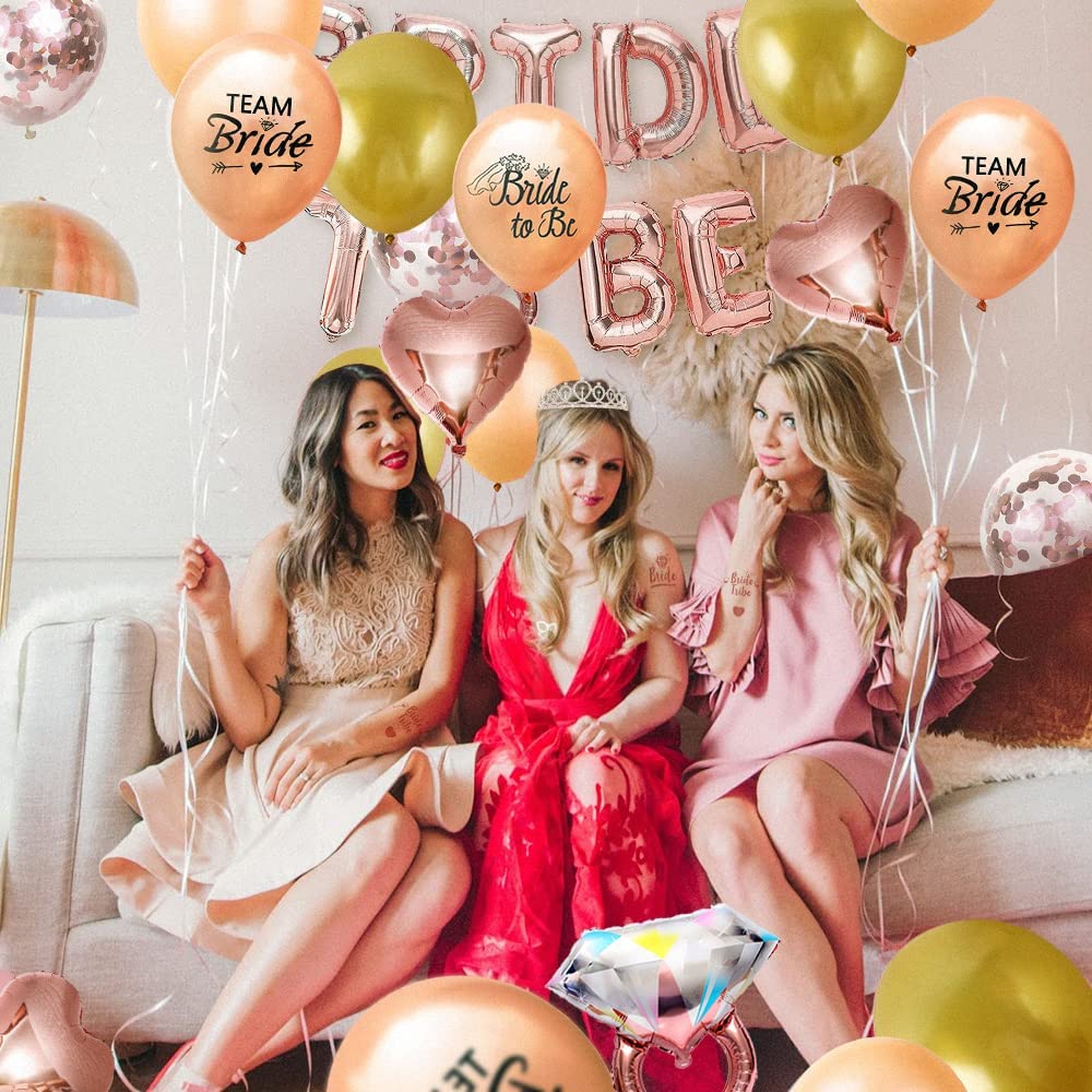 Roll over image to zoom in iZoeL Hen Party Accessories, Bride to Be Sash, Bride to Be Veil, Bride Headband Tiara, Tattoos Team Bride, Rose Gold Bride to Be Banner Balloons - Hen Do Hen Party Decoration