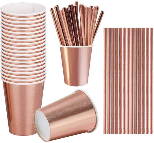 iZoeL 120pcs Rose Gold Paper Cups Rose Gold Straws Drinking, including 60pcs Party Cups 60pcs Party Straws for Birthday Wedding Hen Party Decoration - 60 Guests Party Tableware Set
