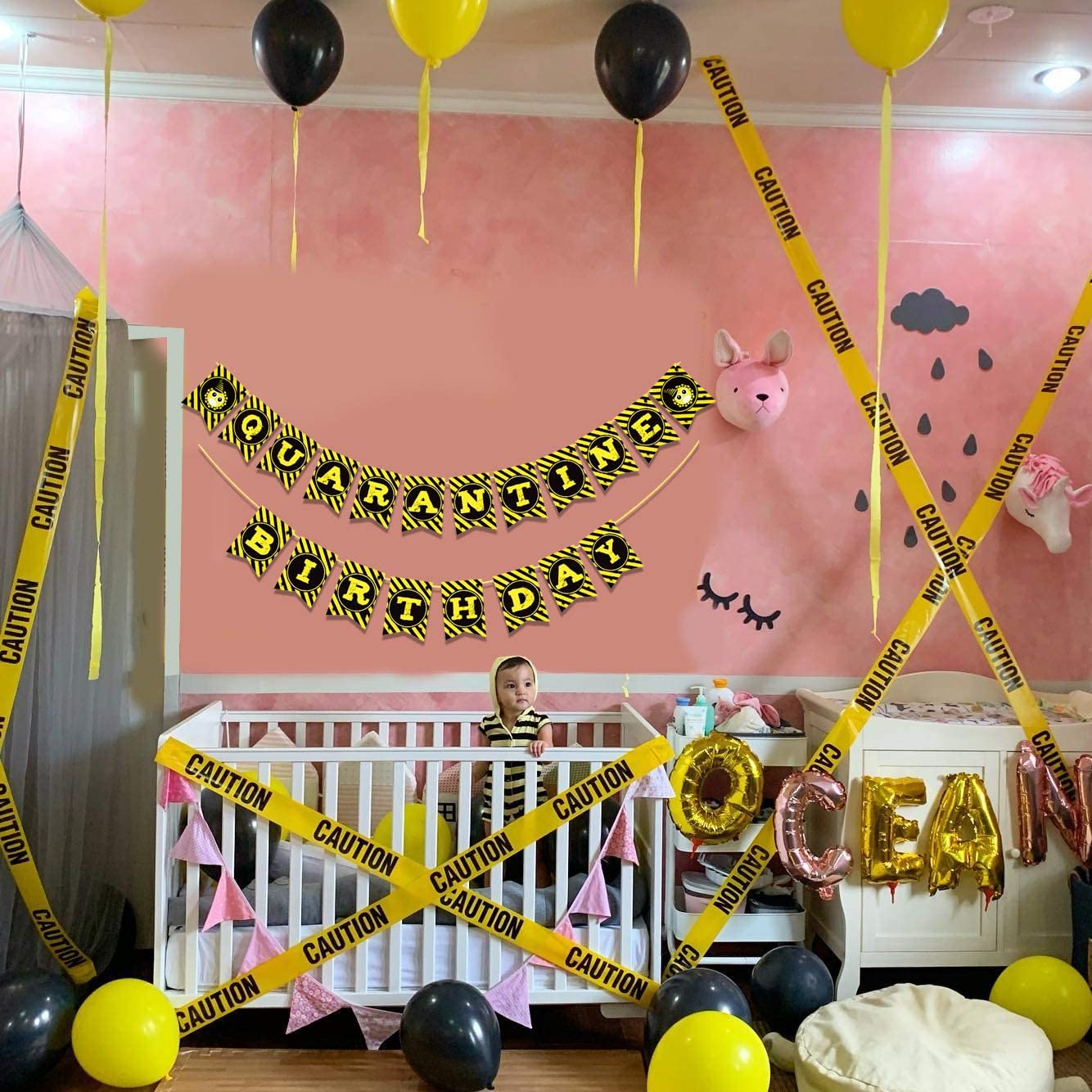 iZoeL Lockdown Birthday Party Decoration Quarantine Birthday Banner Bunting Garlands Latex Yellow Black Balloons and Ribbons for Kids Women Man Home Hospital Lockdown