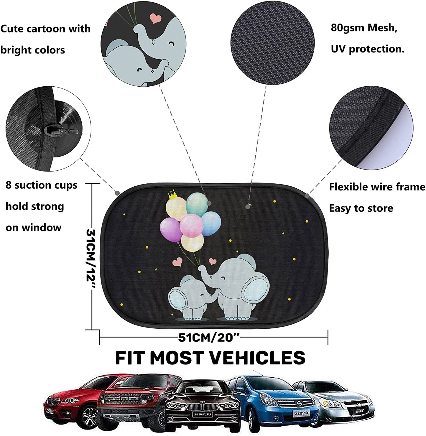 iZoeL Baby Sun Shade with UV Protection, Pack of 2 Sun Visors for Children with 8 Suction Cups, Shade Car Window Side Window Motif Animals (Elephant)