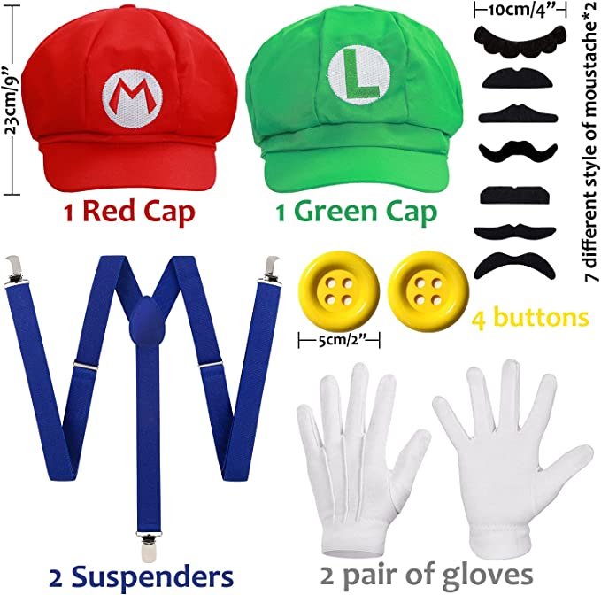 iZoeL Super Mario Bros Mario and Luigi Hats Caps Mustaches Gloves Buttons Suspenders Cosplay Costume for Halloween Costumes Women Men Kid Halloween Outfits Carnival Costume
