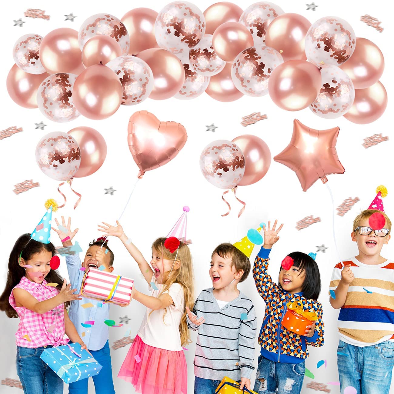 iZoeL Rose Gold Birthday Decoration for Girls Women, 13pcs Happy Birthday Banner Balloons, 6pcs Heart Star, 50pcs Latex Confetti Balloons Ribbons 10g Table Confetti Anniversary Party Accessories