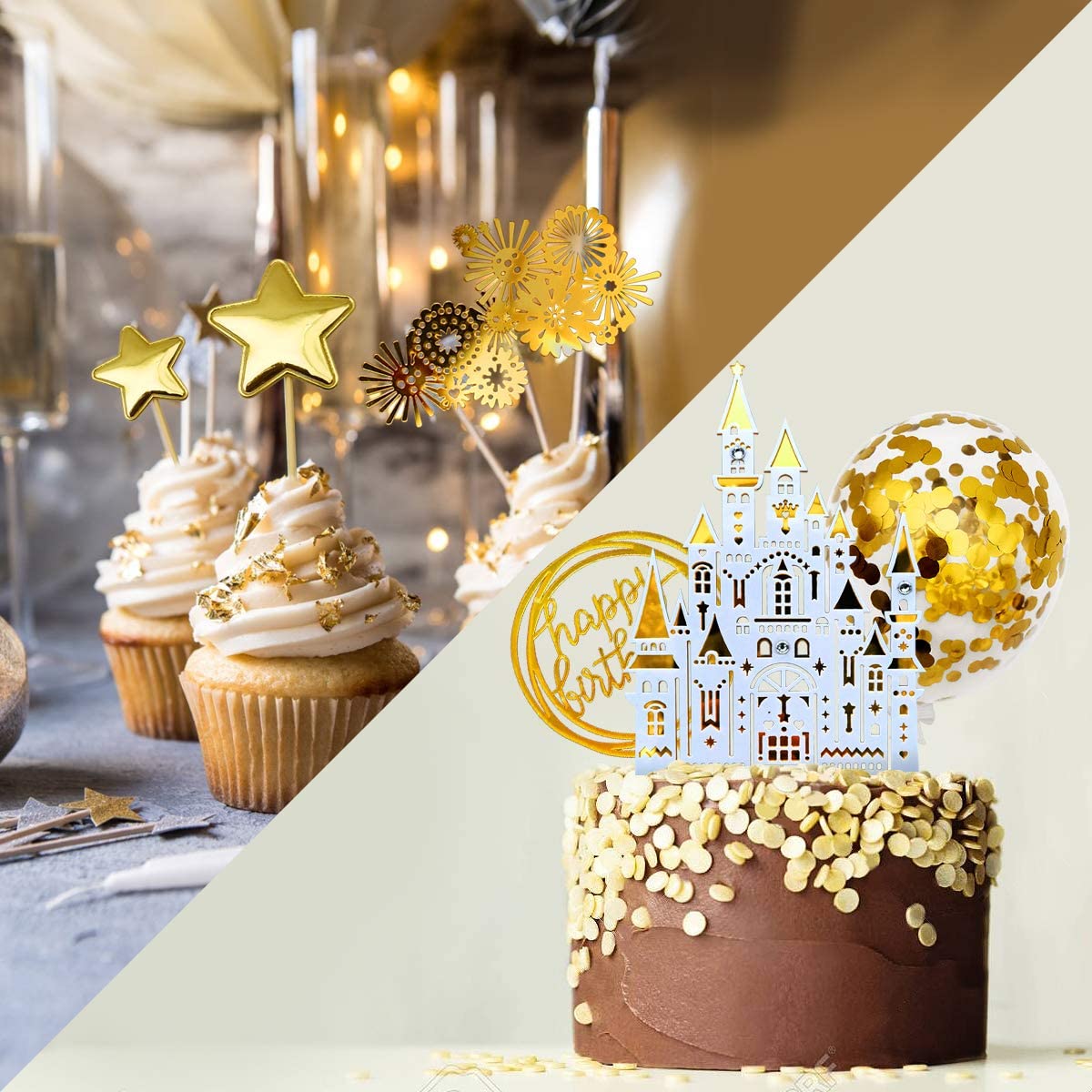 iZoeL Gold Birthday Cake Decoration Gold White Castle Happy Birthday Banner Confetti Balloon Fireworks Star Golden cake Topper for Gold Theme Party Decor Girl Boy Kid Women Man