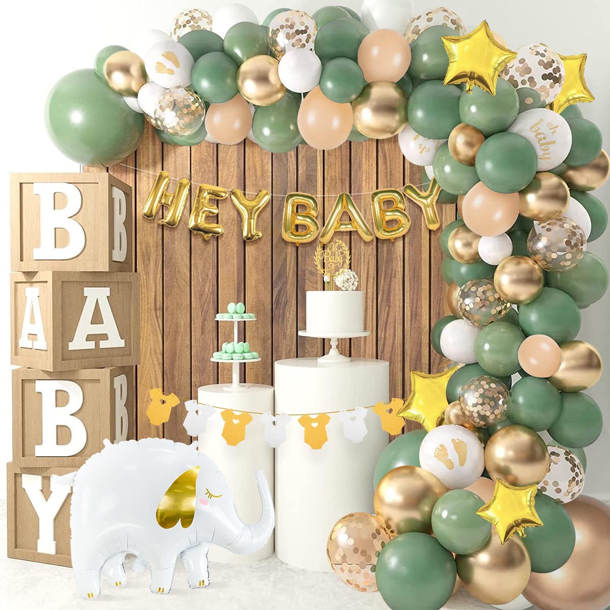 iZoeL Sage Green Baby Shower Decorations Boy Girl Gold Apricot Baby Shower Decoration Neutral Balloon Arch Kit, Hey Baby Banner Mummy to Be Sash Elephant Balloons Surprise Gender Reveal