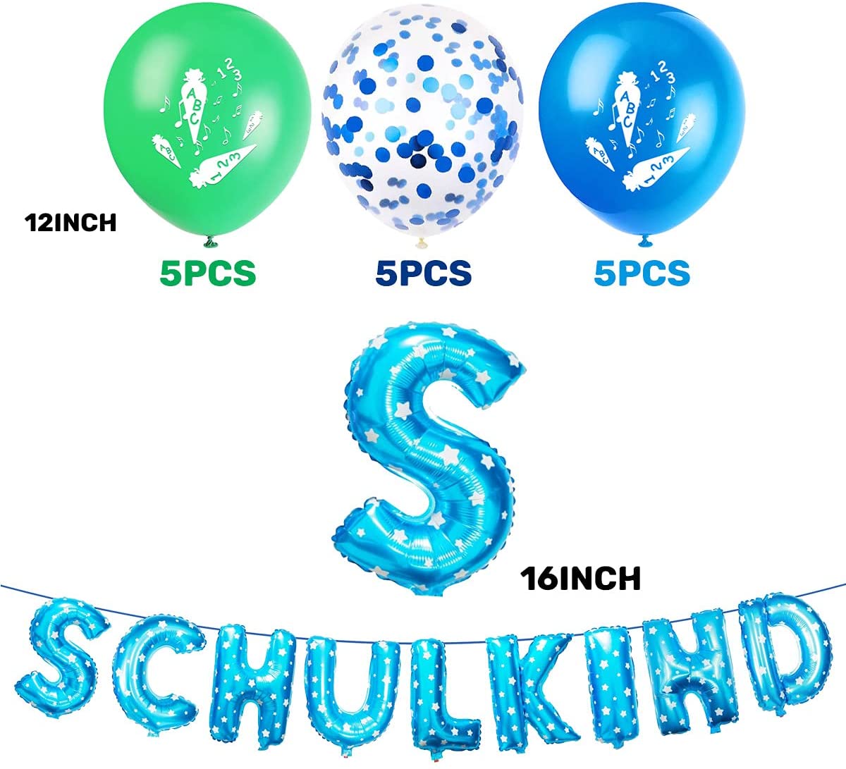 iZoeL Schuleinführung Schulanfang Einschulung Deko SCHULKIND Foil Balloons 15 Latex Balloons for boys 379-1