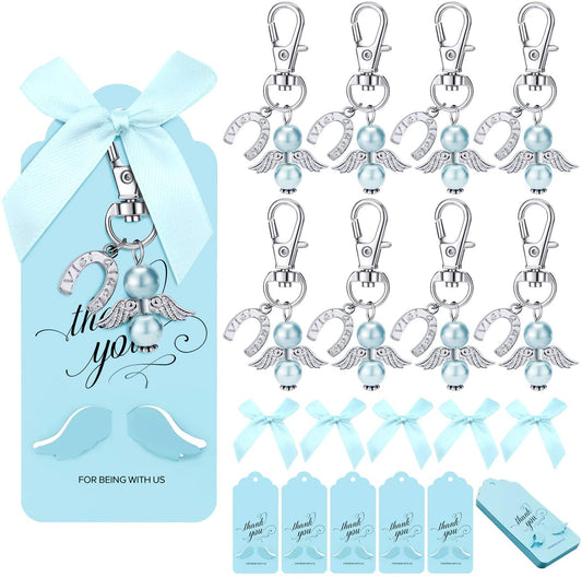 iZoel Thank You Gift Set, 20pcs Blue Angel Keychains and Bows and Angel Wing Thank You Tags, Guest Return Gifts for Baby Boy Baby Shower, Bridal Shower, Wedding Charm, Party Favors