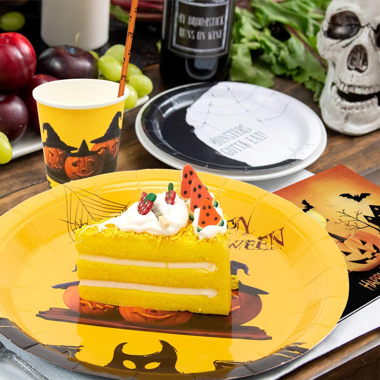 iZoeL Halloween Tableware for 20Guests Pumpkin Witches Banner Paper Plates Napkins Cups Straws - Disposable Dinnerware for Halloween Party Decorations Supplies