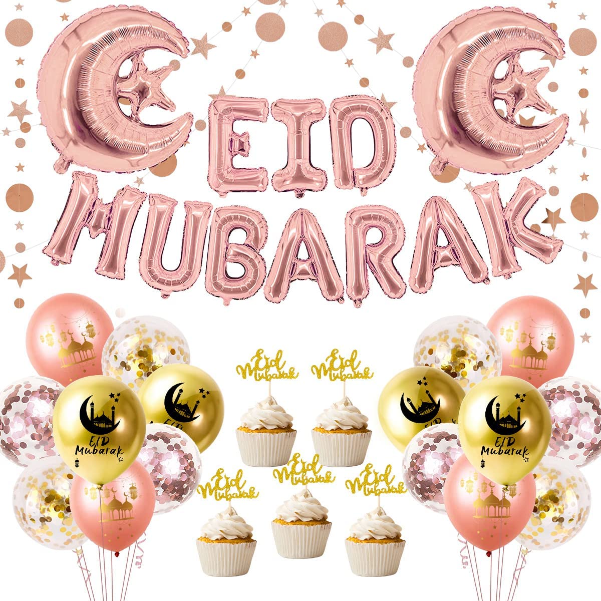 iZoeL EID Mubarak Decorations for Home Eid Decorations UK Eid Mubarak Balloon Mubarak Banner Eid Cake Topper Eid Balloons Star Garland for Home Restaurant Garden - Rose Gold and Gold