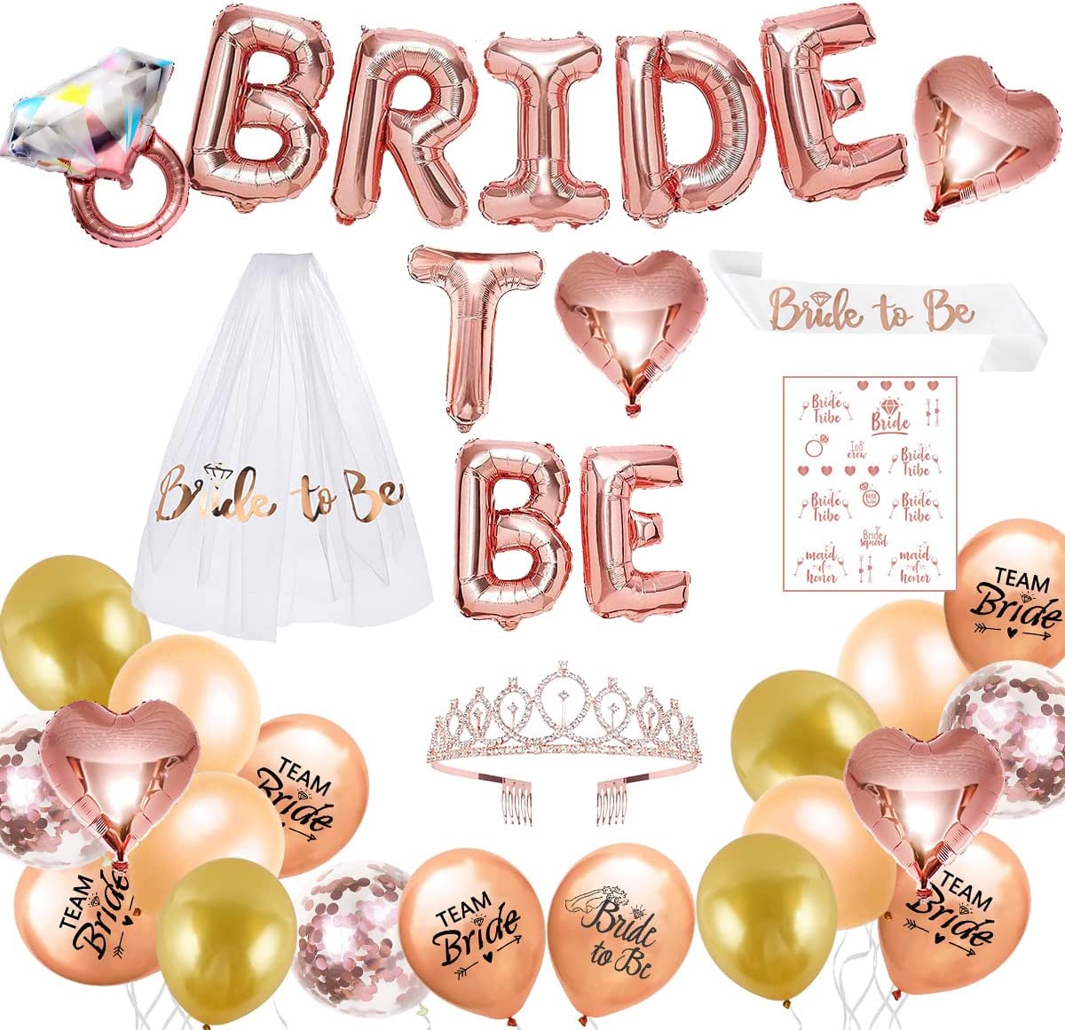 Roll over image to zoom in iZoeL Hen Party Accessories, Bride to Be Sash, Bride to Be Veil, Bride Headband Tiara, Tattoos Team Bride, Rose Gold Bride to Be Banner Balloons - Hen Do Hen Party Decoration