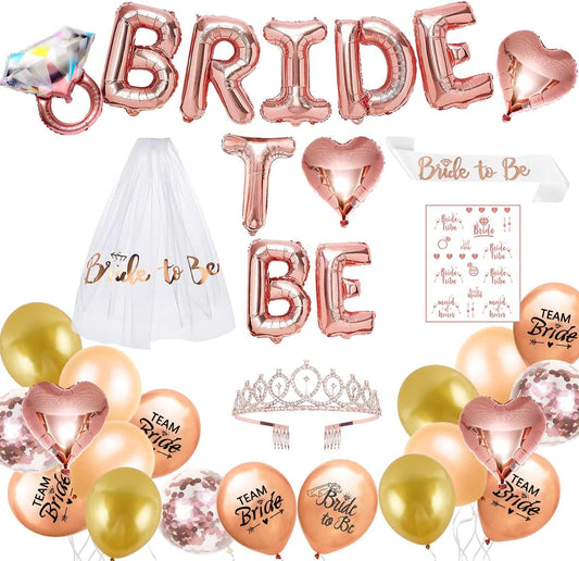 Roll over image to zoom in iZoeL Hen Party Accessories, Bride to Be Sash, Bride to Be Veil, Bride Headband Tiara, Tattoos Team Bride, Rose Gold Bride to Be Banner Balloons - Hen Do Hen Party Decoration