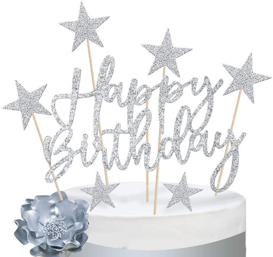 iZoeL 2 Sets Silver Cake Decoration Gold Cake Topper Happy Birthday Banner Confetti Balloon Stars Heart Cake Topper for Man Boys Women Girls Silver Theme Birthday Party Decor Hen Party