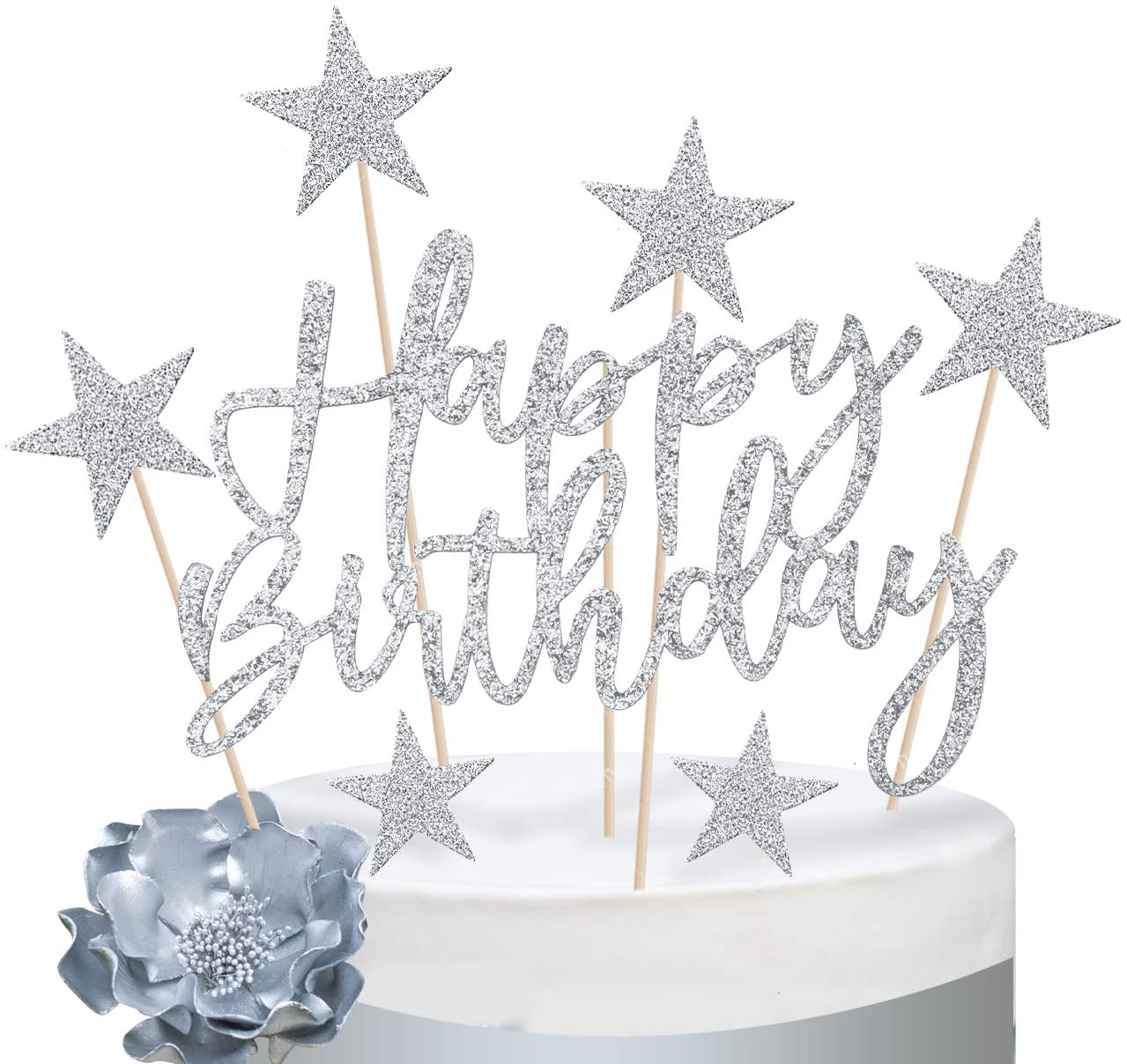 iZoeL 2 Sets Silver Cake Decoration Gold Cake Topper Happy Birthday Banner Confetti Balloon Stars Heart Cake Topper for Man Boys Women Girls Silver Theme Birthday Party Decor Hen Party