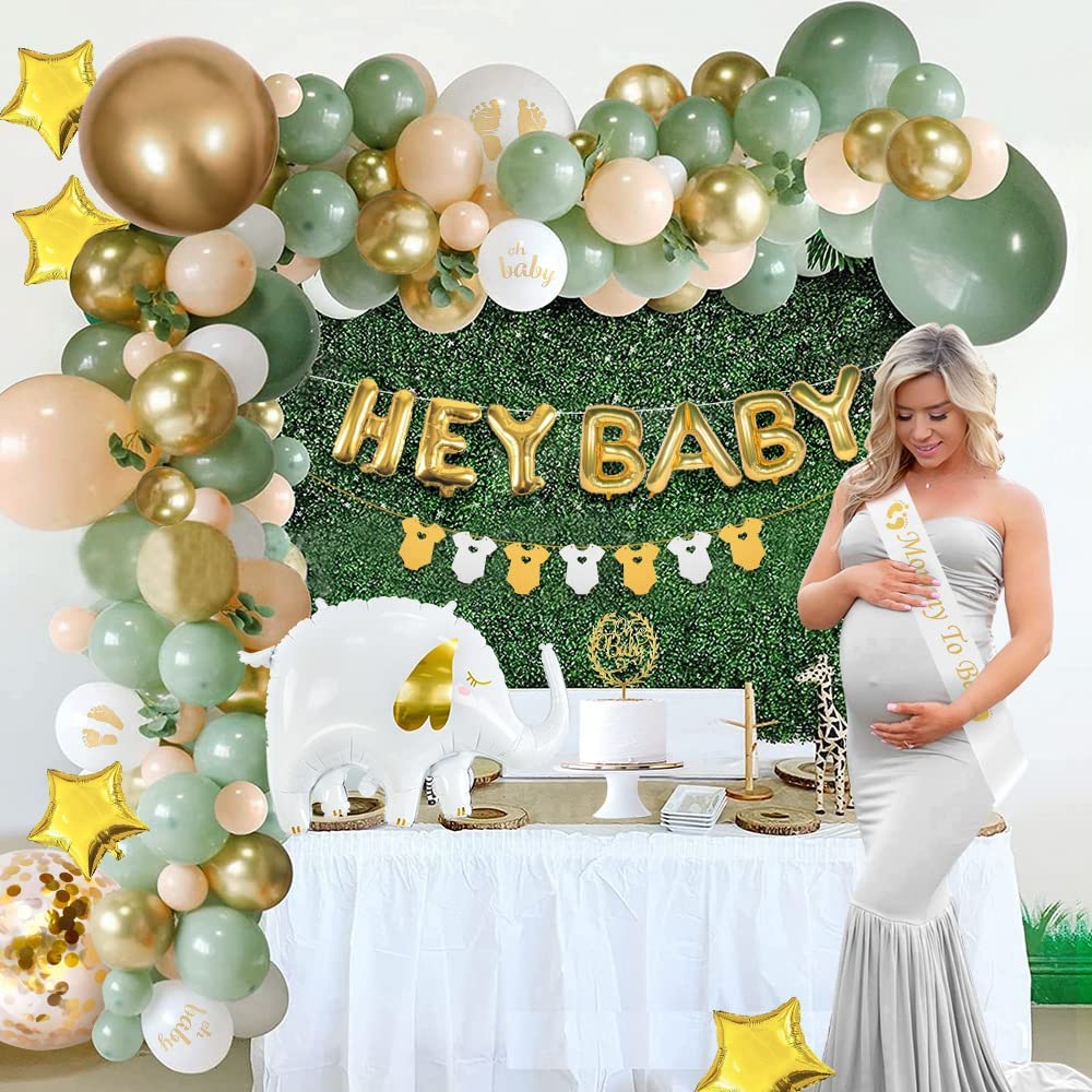 iZoeL Sage Green Baby Shower Decorations Boy Girl Gold Apricot Baby Shower Decoration Neutral Balloon Arch Kit, Hey Baby Banner Mummy to Be Sash Elephant Balloons Surprise Gender Reveal