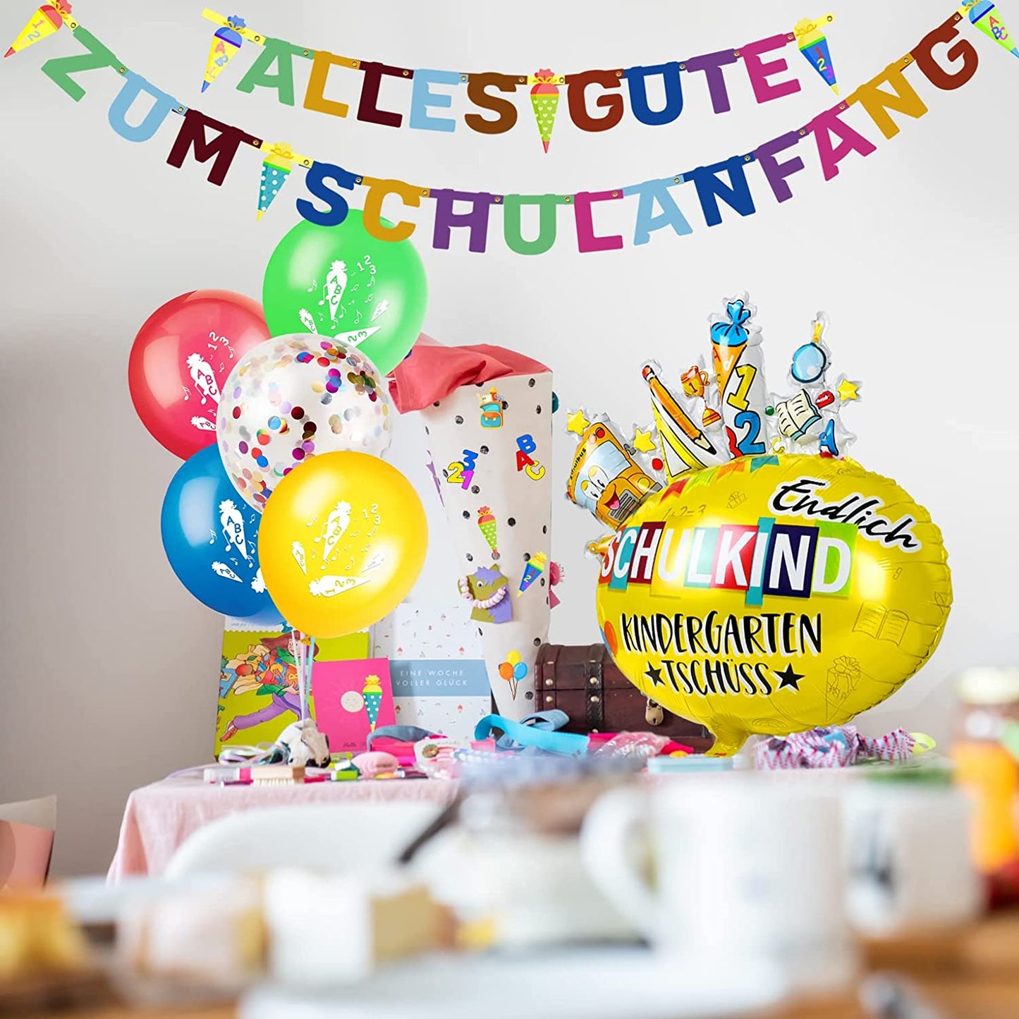 iZoeL School Decoration Boy Girl Finally School Child Foil Balloon "Alles Gute zum Schulanfang" Garland Balloon School Decoration