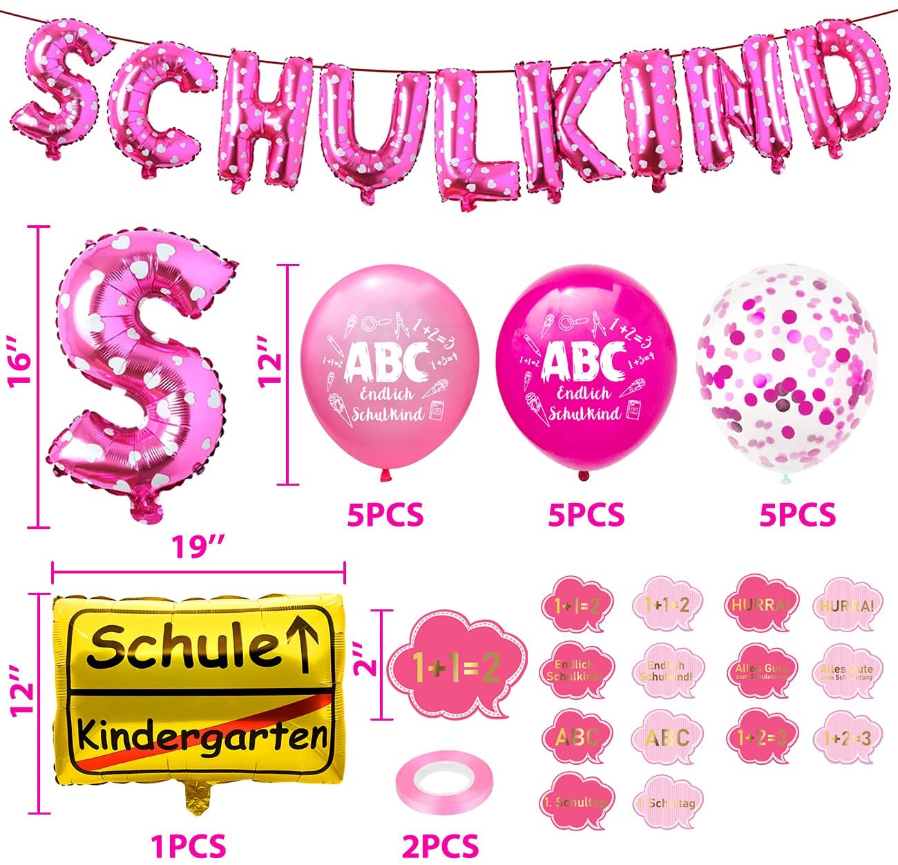 iZoeL Decorative First Day of School Girl Pink School Child Garlands Foil Balloon + First Day of School Decoration Foil Balloon + 15 Red Balloons School Introduction + Balloon Ribbons