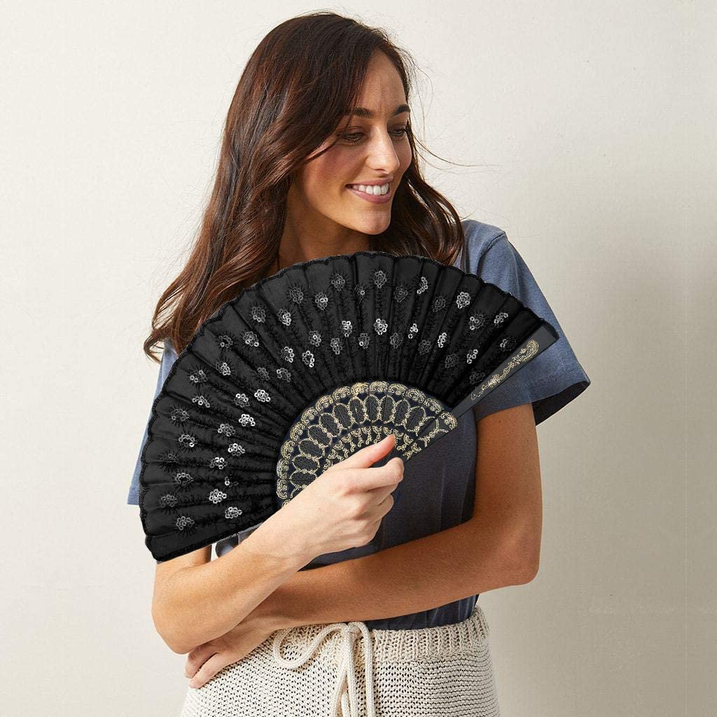 iZoeL Lace Folding Fans Handheld Folding Fans 2pcs Black and White Sequins Fan Women's Hand Held Holding Fans for Wedding Birthday Party Decoration Idea Gifts Dancing Prop Embellishing Walls