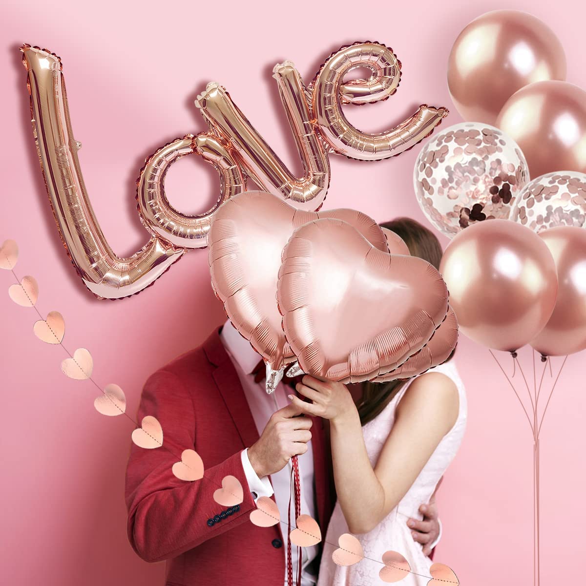 iZoeL Valentines Decorations, Rose Gold Valentines Balloons XXL LOVE Balloon, 6pcs Helium Heart Balloons, Hearts Garland 2m, 12pcs Balloons for Wedding Anniversary Engagement Party (rose gold)