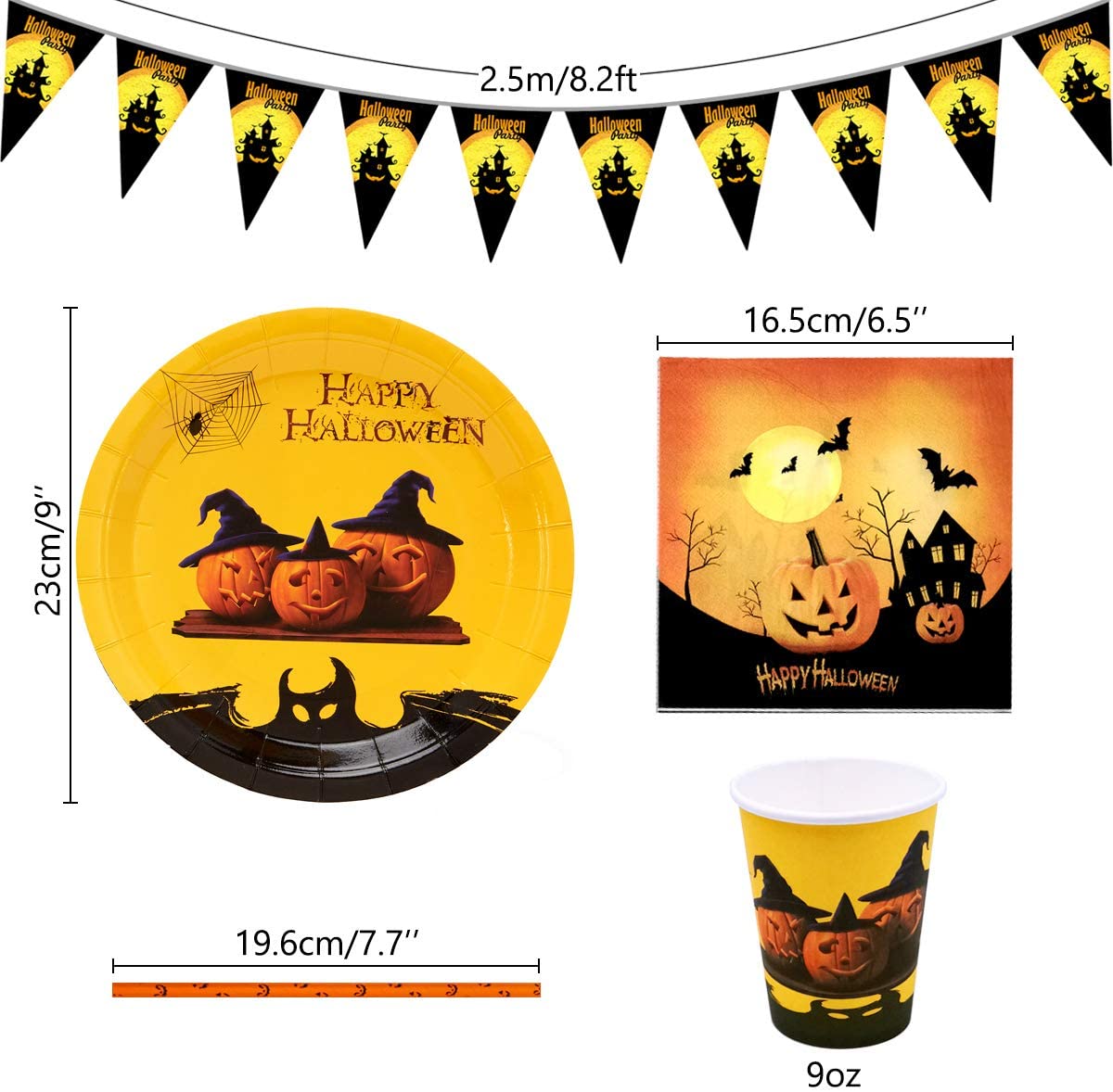 iZoeL Halloween Tableware for 20Guests Pumpkin Witches Banner Paper Plates Napkins Cups Straws - Disposable Dinnerware for Halloween Party Decorations Supplies