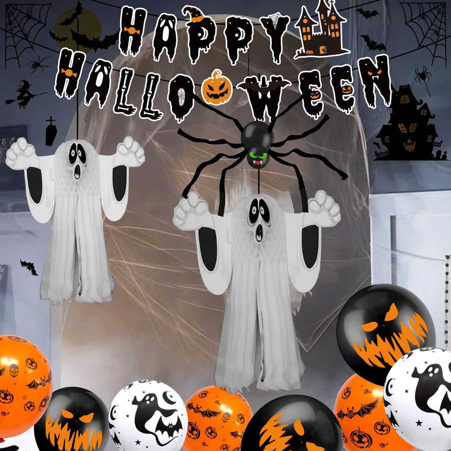iZoeL Spooky Halloween Balloon Party Decoration Pull Flag Spiral Tablecloth Sticker Spider Crepe Paper