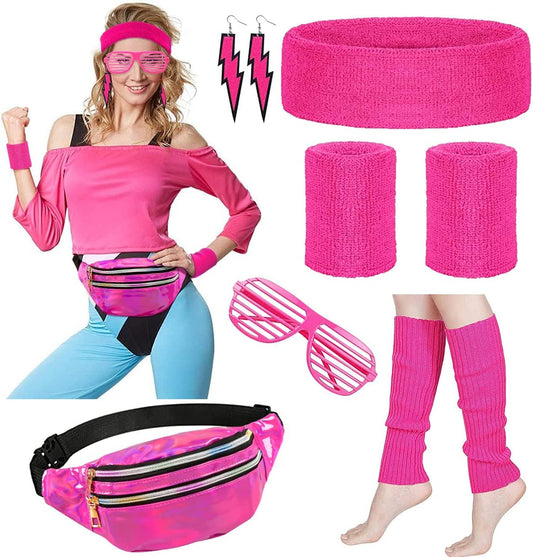 iZoeL 80s Fancy Dress for Women 80s Accessories Halloween Costumes for Kids 80s Outfits for Girls - Waist Packs Headband Wristbands Leg Warmers - Neon 80s Fun Run Teams