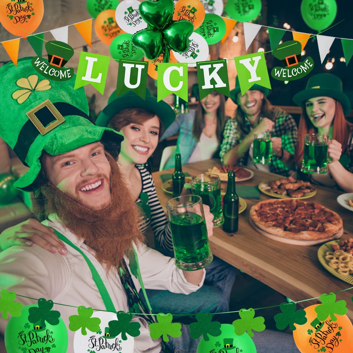 iZoeL St Patricks Day Decorations St Patricks Day Accessories, Welcome Lucky Banner Irish Bunting St Patricks Day Balloons Shamrocks Bunting Confetti for Home Bar Paddy's Day Irish Day Party Supplies