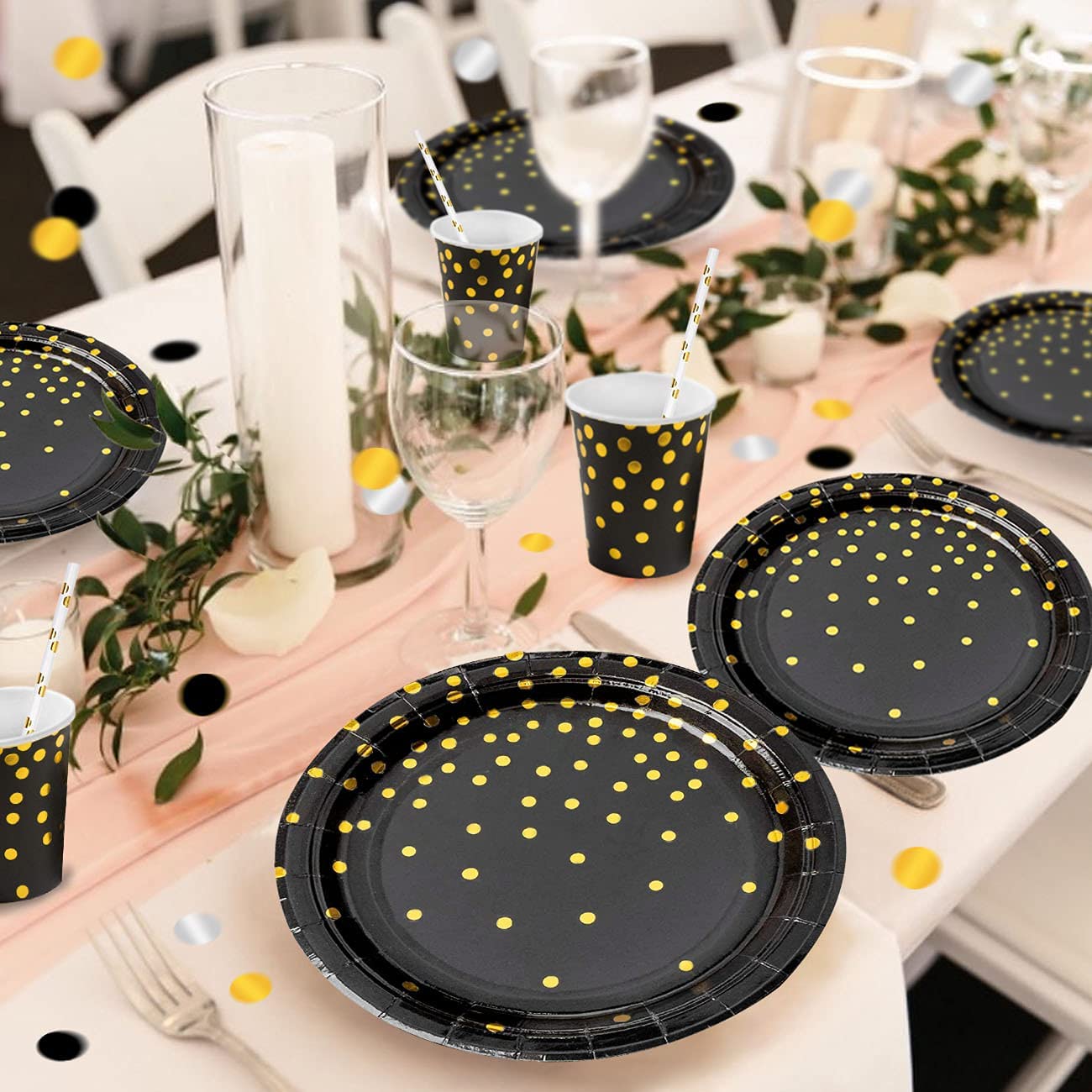 iZoeL 30 Guests Black Gold Birthday Party Decorations for Men Women, Birthday Tableware Curtain Tablecloth Plates Napkins Cups Straws 10g Confetti Birthday Balloon Cake Topper