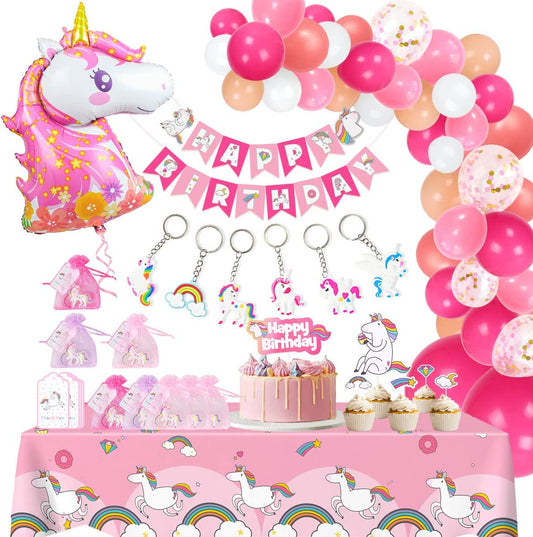 iZoeL Unicorn Party Decorations Happy Birthday Banner Huge Foil Unicorn Balloon Unicorn Tablecloth 12set Unicorn Keychians Unicorn Cake Toppers - Unicorn Party Bags Unicorn Birthday Decoration