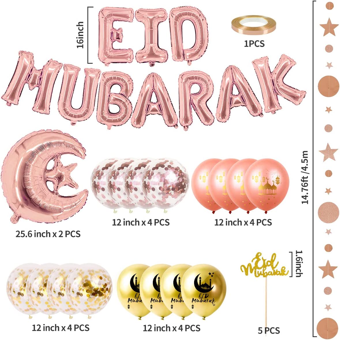 iZoeL EID Mubarak Decorations for Home Eid Decorations UK Eid Mubarak Balloon Mubarak Banner Eid Cake Topper Eid Balloons Star Garland for Home Restaurant Garden - Rose Gold and Gold