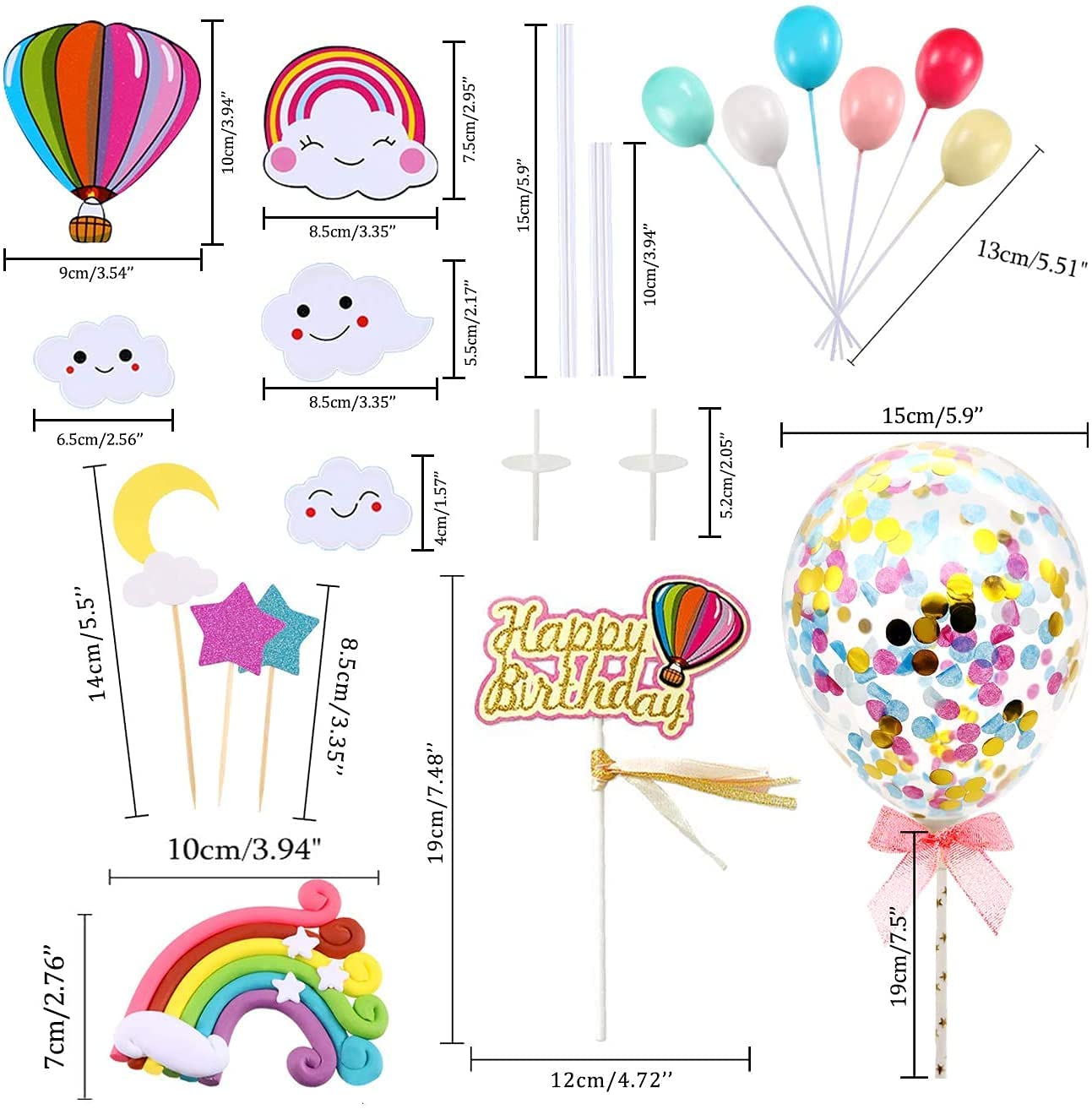iZoeL Birthday Cake Topper Rainbow Cake Decoration Confetti Balloon Happy Birthday Cupcake Topper Moon Cloud Stars for Girls Boys Kids Woman Birthday Anniversary Wedding Baby Shower