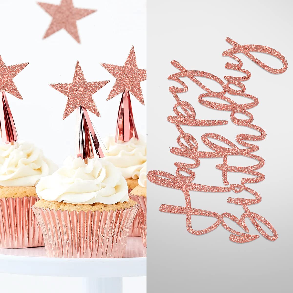 iZoeL 2 Sets Gold Cake Decoration Gold Cake Topper Happy Birthday Banner Confetti Balloon Stars Heart Cake Topper for Man Boys Women Girls Gold Theme Birthday Party Decor Hen Party (Rose gold)