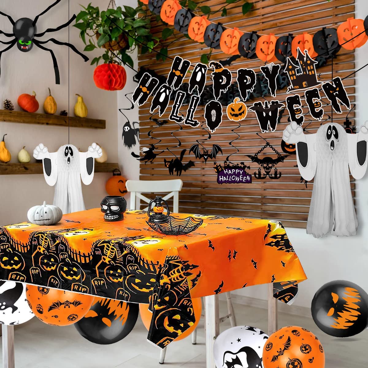 iZoeL Spooky Halloween Balloon Party Decoration Pull Flag Spiral Tablecloth Sticker Spider Crepe Paper