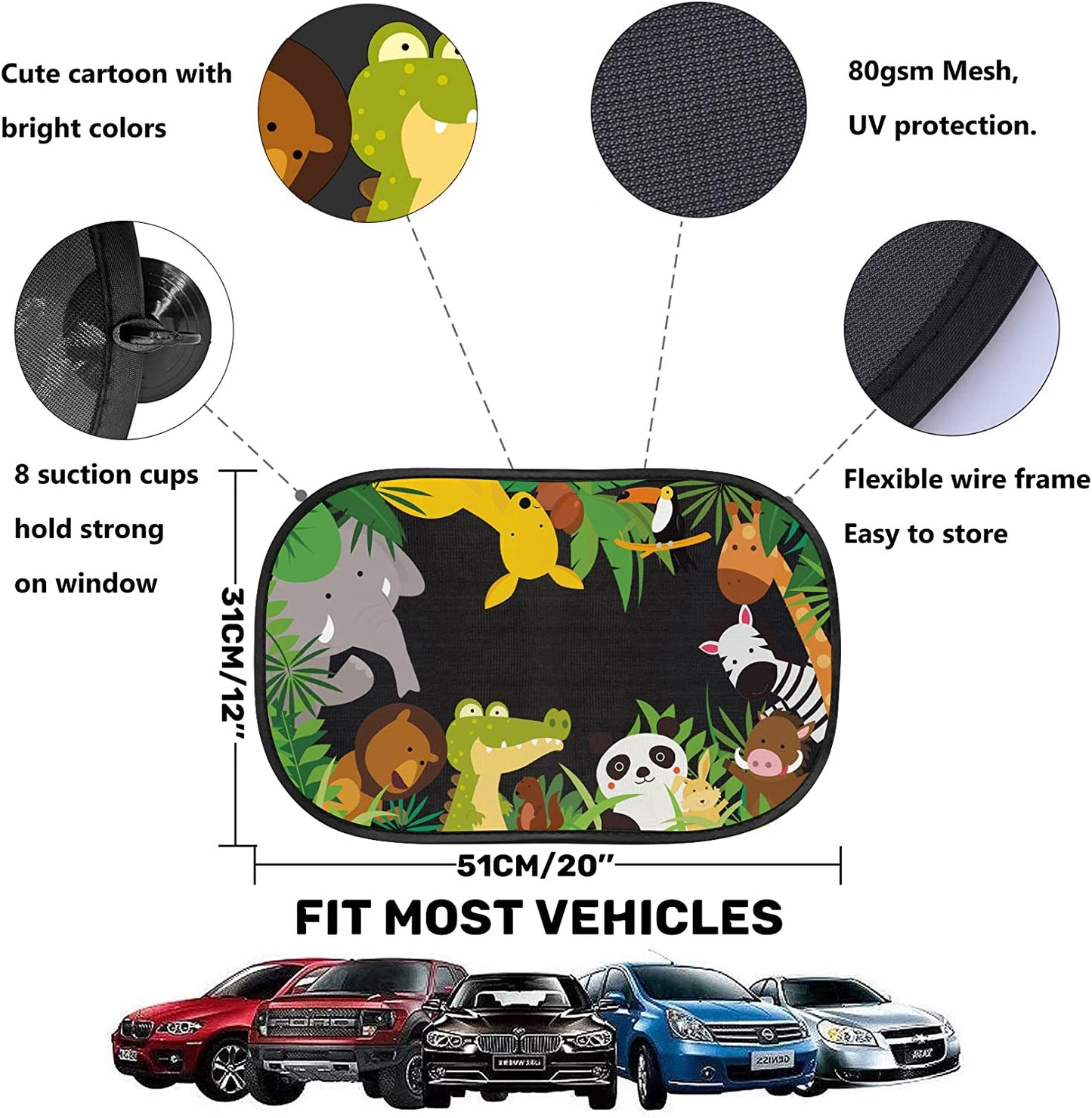 iZoeL Baby Sun Shade with UV Protection, Pack of 2 Sun Visors for Children with 8 Suction Cups, Shade Car Window Side Window Motif Animals (Jungle Animals)