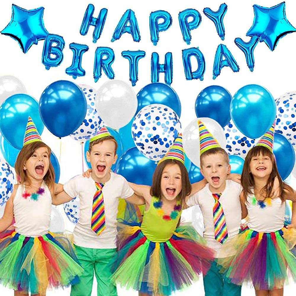 iZoeL Blue Birthday Decoration for Boys, Happy Birthday Banner, Foil Fringe Curtain Tablecloth, Heart Star Confetti Balloons with 10g Birthday Table Confetti for Baby Shower Men Kids