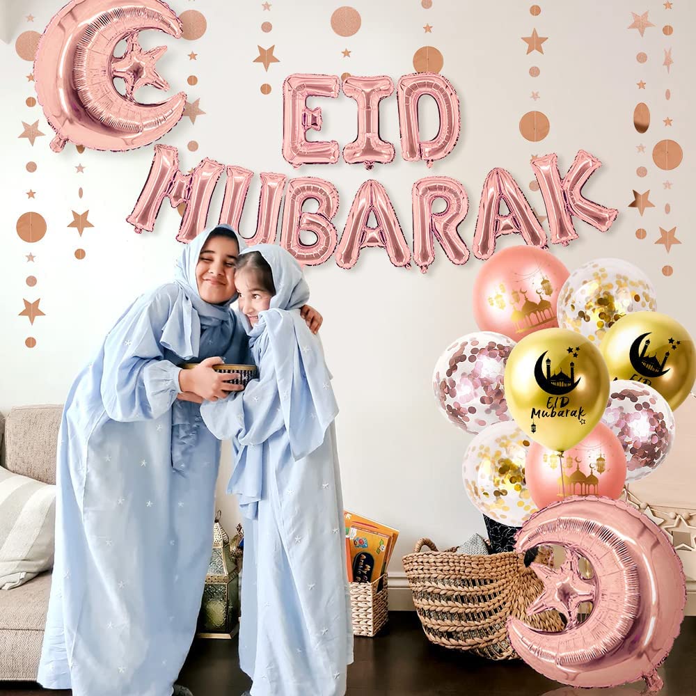 iZoeL EID Mubarak Decorations for Home Eid Decorations UK Eid Mubarak Balloon Mubarak Banner Eid Cake Topper Eid Balloons Star Garland for Home Restaurant Garden - Rose Gold and Gold