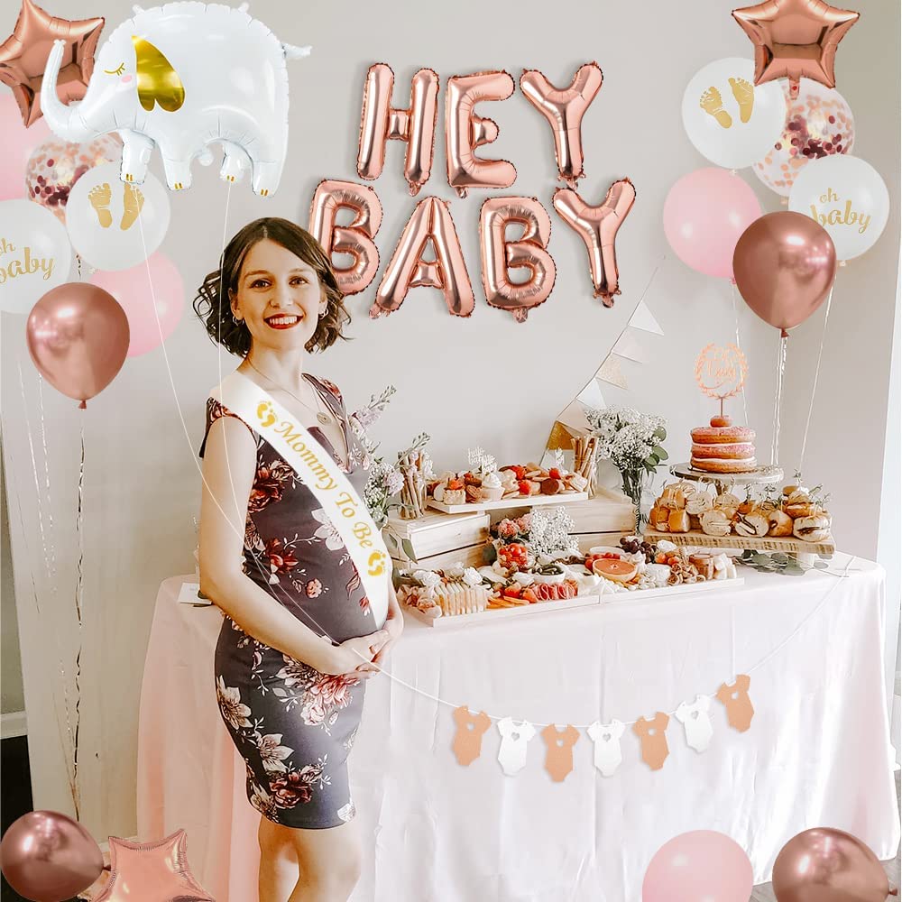 iZoeL Baby Shower Decorations Girl Rose Gold Baby Shower Decoration Neutral Balloon Arch Kit, Hey Baby Banner Mummy to Be Sash Elephant Balloons Gender Reveal Balloons Cake Topper